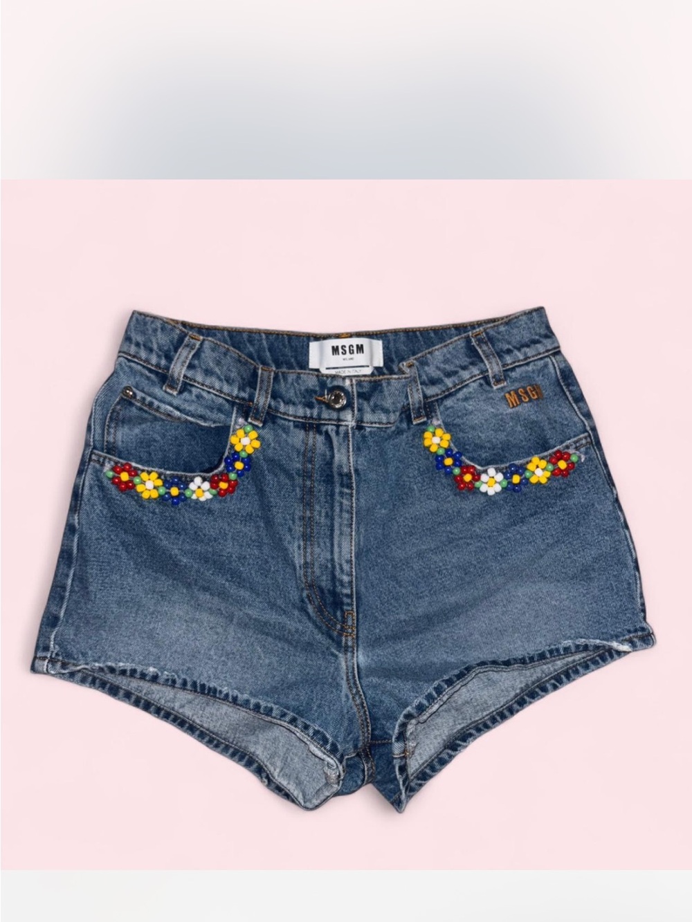 Revolve MSGM Denim Shorts with Multicolor Floral Bead Trim